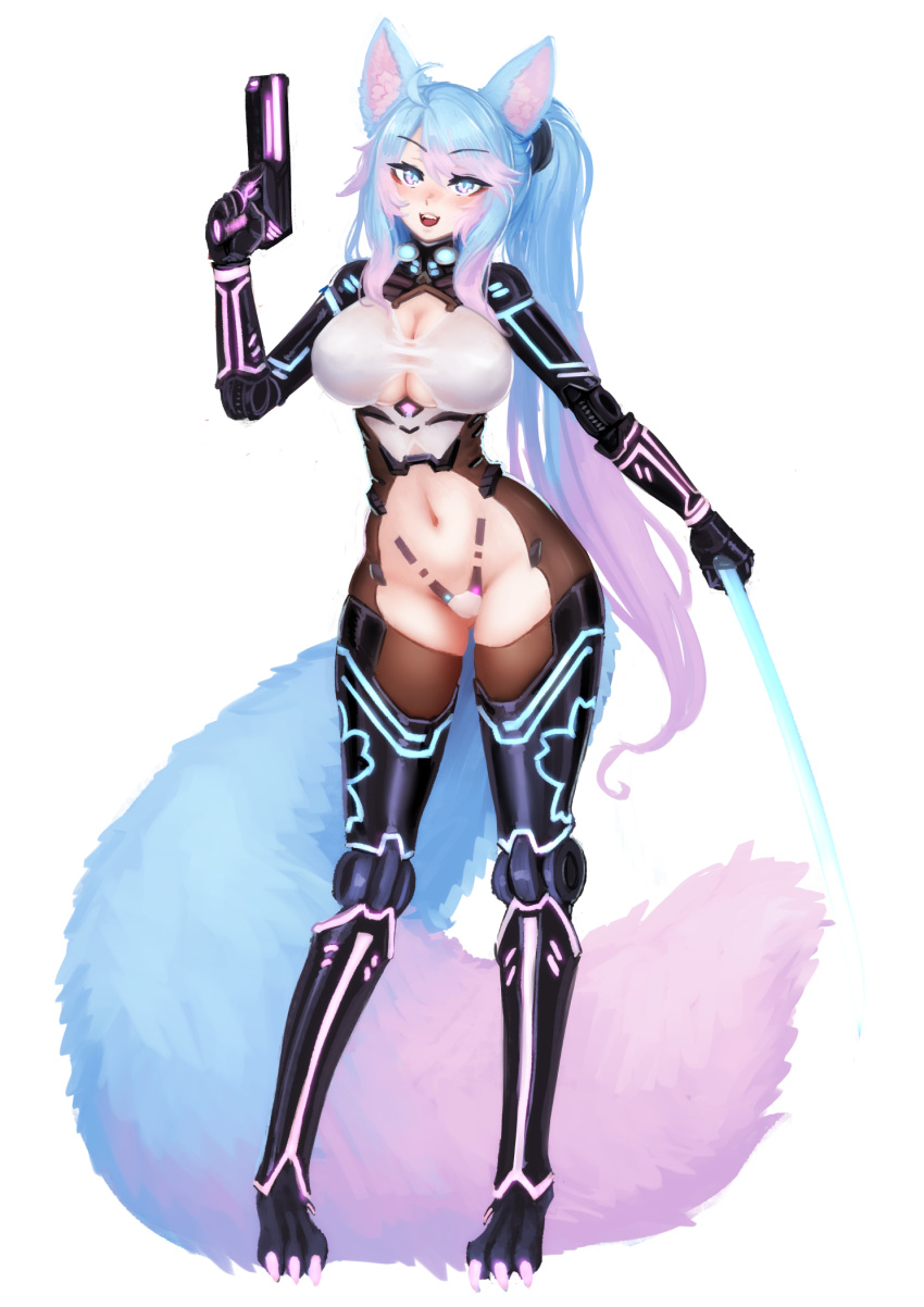 1girl :d ahoge animal_ear_fluff animal_ears ass_visible_through_thighs barbariank blue_eyes blue_hair breasts cameltoe cleavage commentary cyberpunk dual_wielding english_commentary fox_ears fox_tail full_body gradient_hair gun hair_between_eyes handgun highres holding large_breasts large_tail light_blush long_hair looking_at_viewer mechanical_arms mechanical_legs multicolored_hair navel open_mouth pink_hair side_ponytail silvervale simple_background smile solo standing swept_bangs sword tail very_long_hair virtual_youtuber vshojo weapon white_background
