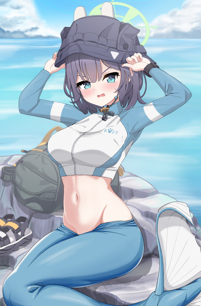 1girl absurdres arms_up backpack bag black_headwear blue_archive blue_eyes blue_hair blush breasts commentary_request dark_blue_hair day halo highres long_sleeves looking_at_viewer medium_breasts medium_hair mermaid_costume monofin navel ocean official_alternate_costume outdoors parted_lips poorunii raglan_sleeves rash_guard rock saki_(blue_archive) saki_(swimsuit)_(blue_archive) sitting solo stomach watch wristwatch