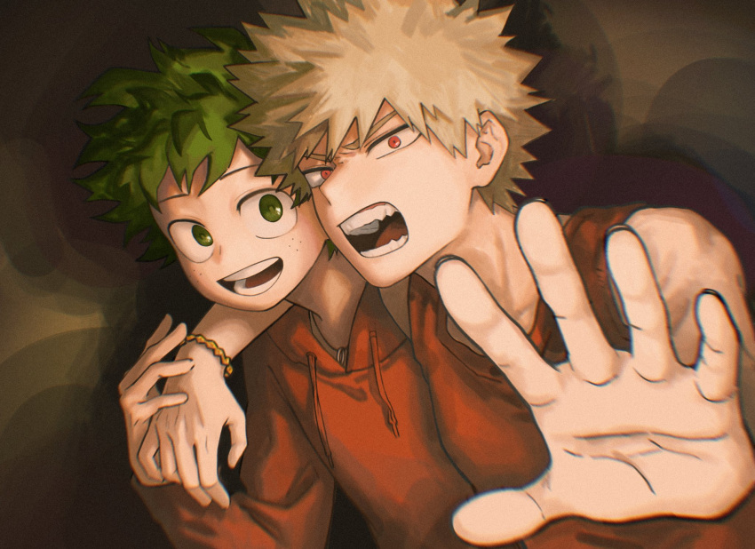 2boys :d alternate_costume arm_around_shoulder bakugou_katsuki bare_arms bare_shoulders blonde_hair blurry bnahzub boku_no_hero_academia bracelet brown_background casual chromatic_aberration commentary_request curly_hair depth_of_field drawstring film_grain foreshortening freckles from_side furrowed_brow green_eyes green_hair green_pupils hand_up hands_up happy highres hood hood_down hoodie jewelry leaning_forward light long_sleeves looking_at_viewer looking_to_the_side male_focus midoriya_izuku multiple_boys necklace open_hand open_mouth orange_hoodie orange_tank_top outstretched_arm outstretched_hand pendant reaching_towards_viewer red_eyes ring_necklace round_teeth sanpaku shadow short_hair sideways_glance sleeveless smile spiked_hair tank_top teeth upper_body v-shaped_eyebrows