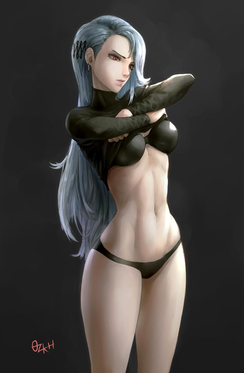 1girl arms_up artist_name black_background black_panties black_shirt breasts closed_mouth clothes_lift crossed_arms earrings grey_hair hair_ornament hairclip highres jewelry lifted_by_self lips long_hair long_sleeves medium_breasts navel niijima_sae ozkh panties persona persona_5 red_eyes shirt shirt_lift solo stomach straight_hair thighs turtleneck underwear undressing very_long_hair