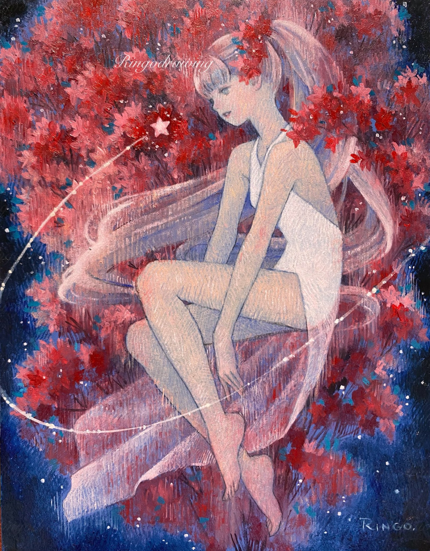 1girl backless_dress backless_outfit bare_legs bare_shoulders barefoot breasts commentary_request dress flower full_body grey_eyes highres long_hair oil_painting_(medium) original painting_(medium) parted_lips pink_hair ponytail red_flower ringodrawing small_breasts smile solo star_(symbol) traditional_media very_long_hair white_dress