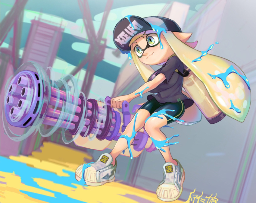 1girl baseball_cap bike_shorts black_headwear black_shirt black_shorts blonde_hair breasts domino_mask gatling_gun green_eyes hat highres inkling inkling_girl long_hair mask minamidena mini_splatling_(splatoon) motion_blur pointy_ears shirt shoes short_sleeves shorts smile solo splatoon_(series) tentacle_hair thighs weapon white_footwear