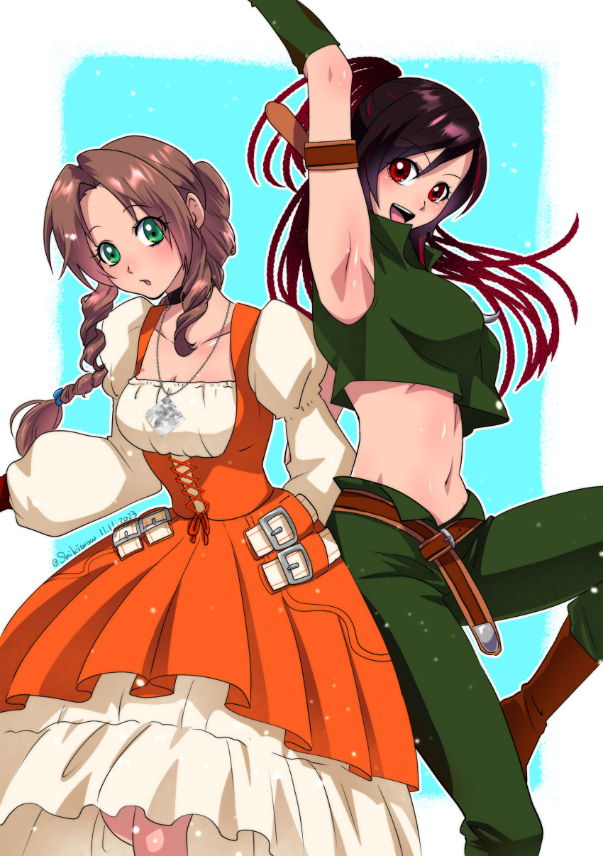 2girls absurdres adapted_costume aerith_gainsborough armpits arms_up belt black_hair braid braided_ponytail brown_hair cosplay crop_top dreadlocks dress final_fantasy final_fantasy_ix final_fantasy_vii final_fantasy_vii_ever_crisis garnet_til_alexandros_xvii garnet_til_alexandros_xvii_(cosplay) highres jewelry looking_at_viewer multicolored_hair multiple_girls necklace official_alternate_costume open_mouth red_hair salamander_coral salamander_coral_(cosplay) shikiwo sleeveless smile tifa_lockhart two-tone_hair