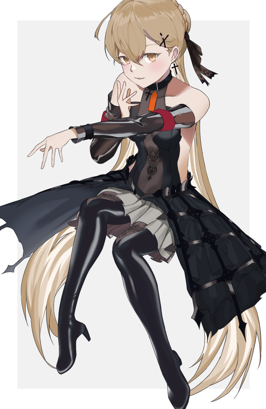 1girl backless_dress backless_outfit bare_shoulders boots braid brown_eyes collar cross cross_earrings detached_sleeves dress earrings full_body girls'_frontline hair_ornament hair_ribbon hairclip highres ilwrs jewelry leather leather_boots leotard light_brown_hair long_hair looking_at_viewer outstretched_arm parted_lips ppk_(girls'_frontline) ribbon see-through see-through_leotard simple_background solo thigh_boots very_long_hair