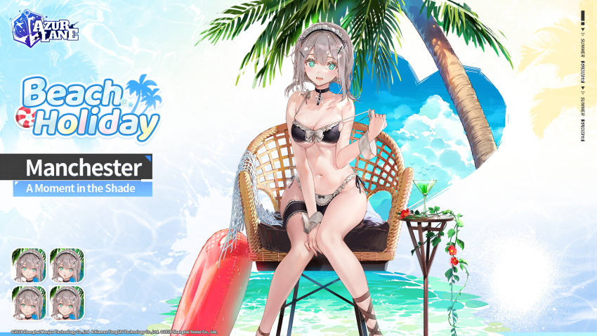 1girl aqua_eyes azur_lane beach bikini bikini_pull black_bikini black_choker blush bow breasts brown_footwear chair character_name choker cleavage clothes_pull cloud cocktail_glass collarbone copyright_name cup day drinking_glass english_commentary english_text expressions feet frilled_bikini frills full_body green_eyes grey_hair hair_between_eyes hair_ornament hairclip highres innertube knees_together_feet_apart large_breasts legs looking_at_viewer maid maid_bikini maid_headdress manchester_(a_moment_in_the_shade)_(azur_lane) manchester_(azur_lane) medium_hair multiple_views navel ocean official_alternate_costume official_art open_mouth outdoors palm_tree sand sandals short_hair short_twintails side-tie_bikini_bottom sidelocks sitting sky slippers smile star-shaped_pupils star_(symbol) starfish stomach strap_slip swimsuit symbol-shaped_pupils teeth thigh_strap thighs toenails toes tree twintails water white_bow wrist_cuffs x_hair_ornament zoom_layer