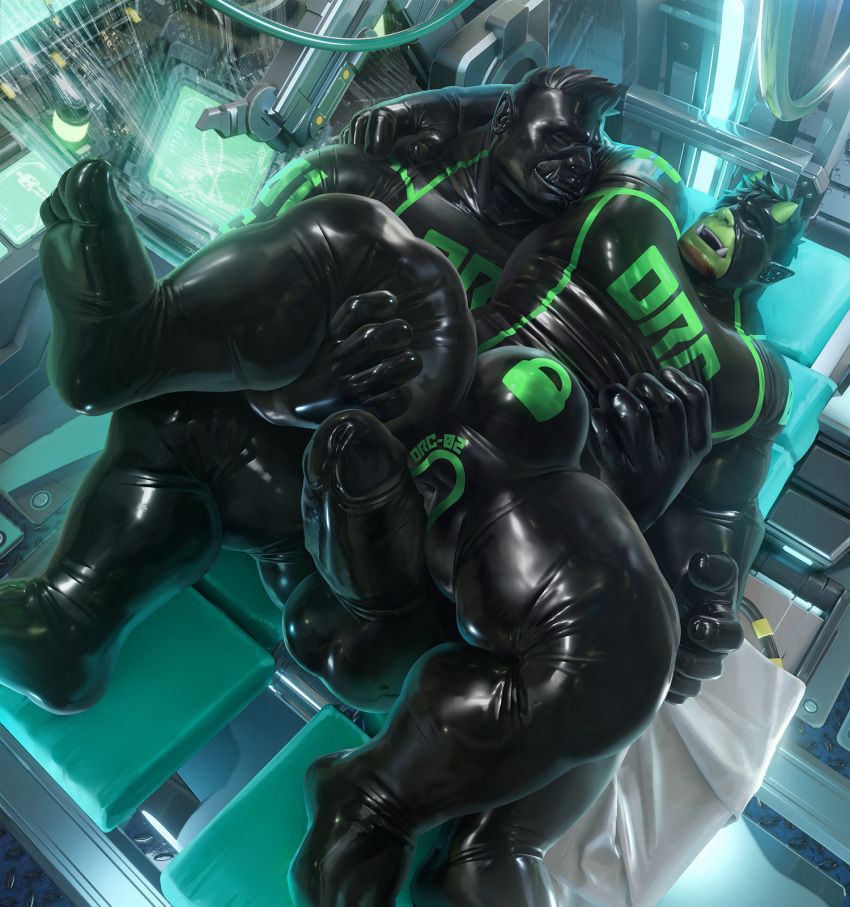 15:16 2021 2_horns 5_toes anus balls bent_spoon_position black_bodysuit black_slime bulge chair duo english_text erection facial_hair feet furniture genitals goatee goo_transformation green_body green_lines green_skin hand_behind_neck hand_under_leg hi_res horn horned_humanoid humanoid imminent_anal imminent_sex laboratory lying male male/male muscular muscular_humanoid muscular_male on_back on_chair orc penis sex slime takahirosi text toes towel transformation tusks vein veiny_penis