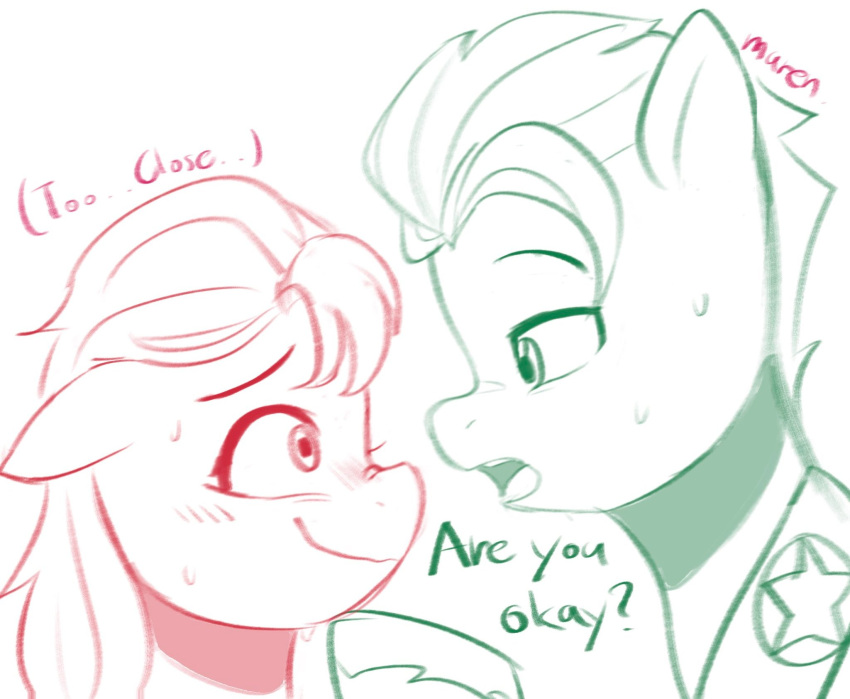 bodily_fluids dialogue duo earth_pony english_text equid equine face_to_face female hasbro hi_res hitch_trailblazer_(mlp) horse line_art male mammal marenlicious mlp_g5 my_little_pony pony sketch sunny_starscout_(mlp) sweat sweatdrop text thought_bubble