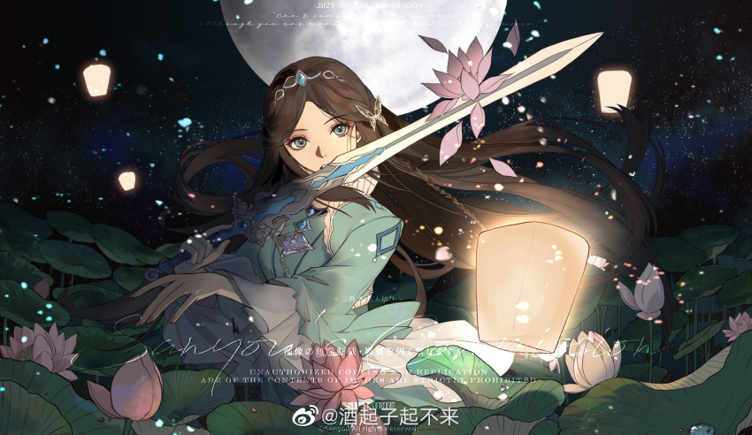1girl artist_request blue_eyes braid brown_hair butterfly_hair_ornament collar douluo_dalu falling_petals floating_hair flower frilled_collar frills hair_ornament highres holding holding_sword holding_weapon lantern long_hair long_sleeves lotus night ning_rongrong_(douluo_dalu) open_mouth ornament petals second-party_source solo sword teeth tiara upper_body watermark weapon
