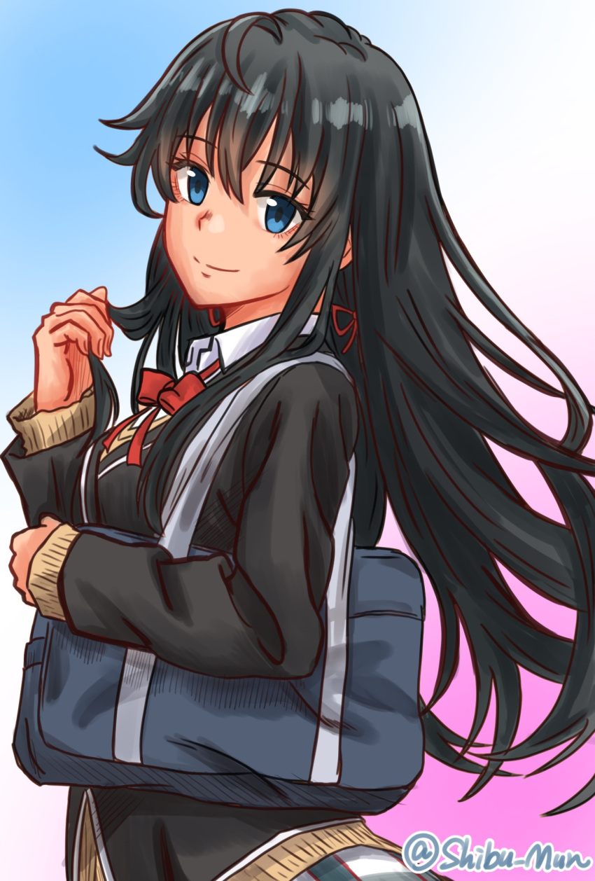 1girl ahoge artist_name bag black_hair black_jacket blazer blue_background blue_eyes brown_cardigan cardigan closed_mouth collared_shirt commentary_request gradient_background hair_between_eyes hair_ribbon highres holding holding_hair jacket long_hair long_sleeves looking_at_viewer munbato_(watari_megumi) neck_ribbon pink_background plaid plaid_skirt red_ribbon ribbon school_bag school_uniform shirt sidelocks skirt smile sobu_high_school_uniform solo standing twitter_username watermark white_background white_shirt winter_uniform yahari_ore_no_seishun_lovecome_wa_machigatteiru. yukinoshita_yukino