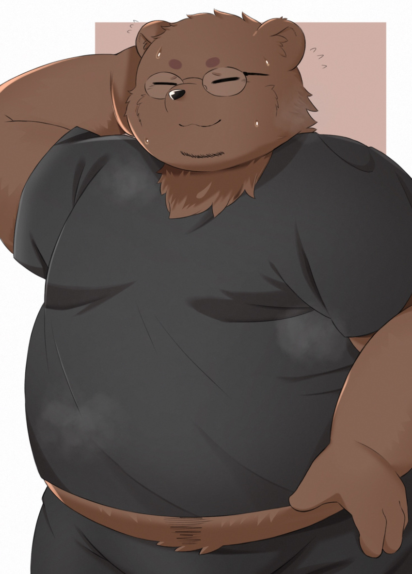 2023 anthro bear belly big_belly black_nose bottomwear brown_body brown_fur clothing eyes_closed fur hi_res humanoid_hands kemono male mammal musk overweight overweight_male pants shirt solo topwear trail_arnak