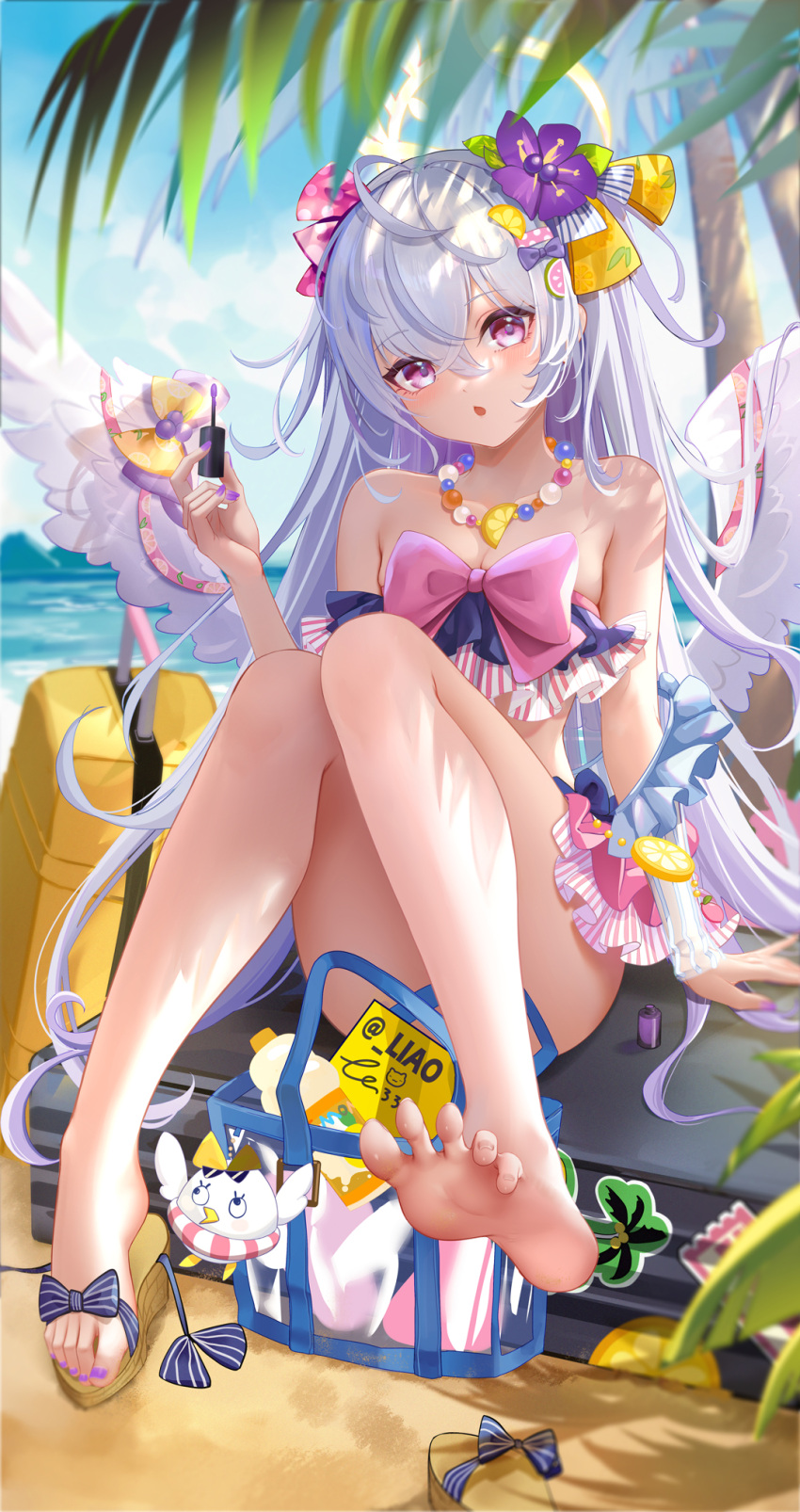 1girl angel_wings azusa_(blue_archive) azusa_(swimsuit)_(blue_archive) bare_arms bare_back barefoot bikini bikini_skirt blue_archive feathered_wings feet flower food-themed_hair_ornament frilled_bikini frills hair_ornament halo highres liu_liaoliao long_hair multicolored_bikini multicolored_clothes orange_hair_ornament purple_flower ribbon-trimmed_swimsuit ribbon_trim sandals shirt soles strapless strapless_bikini swimsuit thighs toes white_shirt white_wings wings yellow_halo