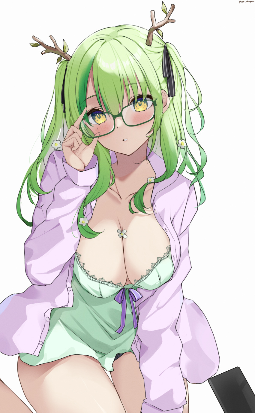 1girl adjusting_eyewear antlers black_ribbon blush branch breasts camisole ceres_fauna ceres_fauna_(jirai_kei) cleavage collarbone english_commentary flower glasses green-framed_eyewear green_hair hair_between_eyes hair_flower hair_ornament highres hololive hololive_english large_breasts long_hair looking_at_viewer mole mole_under_eye open_clothes open_shirt parted_lips ribbon two_side_up udonpan virtual_youtuber white_background yellow_eyes