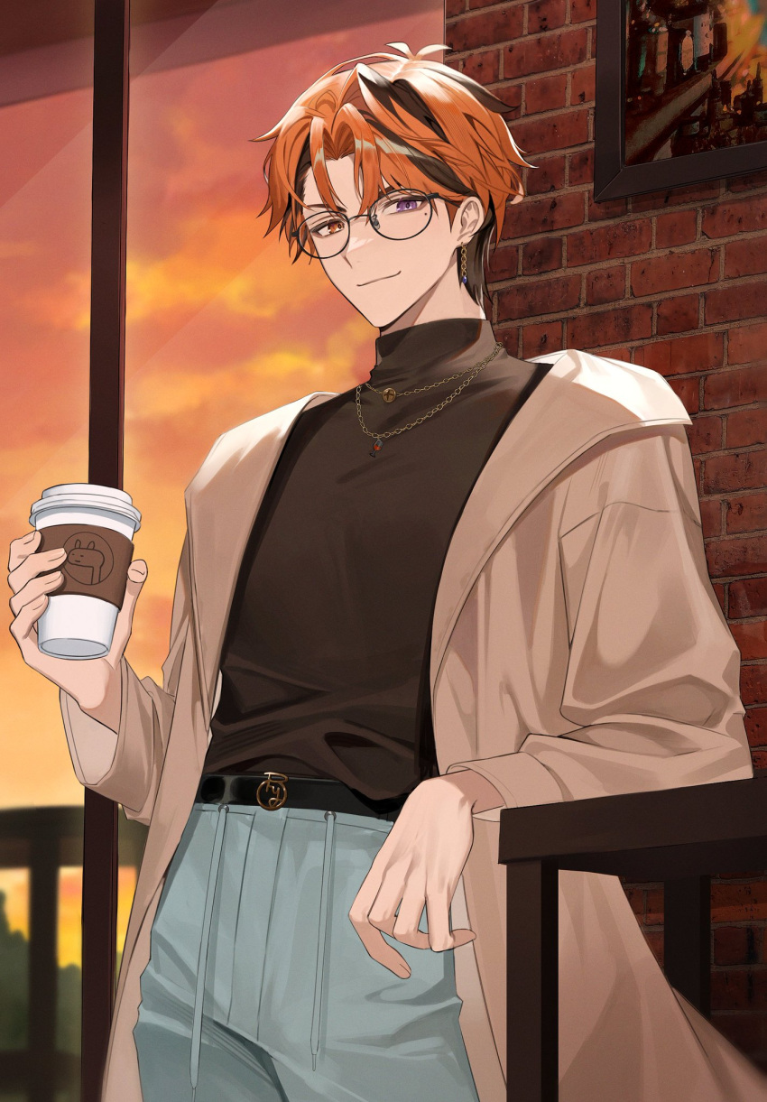 1boy antenna_hair aqua_pants arm_rest belt belt_buckle bespectacled black-framed_eyewear black_belt black_hair black_shirt brick_wall brown_coat buckle chain_earrings chain_necklace chap_yun closed_mouth coat cowboy_shot cup disposable_cup drawstring earrings glasses heterochromia highres holding holding_cup holostars indoors jewelry looking_at_viewer male_focus mole mole_under_eye multicolored_hair necklace official_alternate_costume open_clothes open_coat orange_eyes orange_hair pants parted_bangs purple_eyes second-party_source shirt short_hair smile solo standing streaked_hair sunset table turtleneck virtual_youtuber window yukoku_roberu