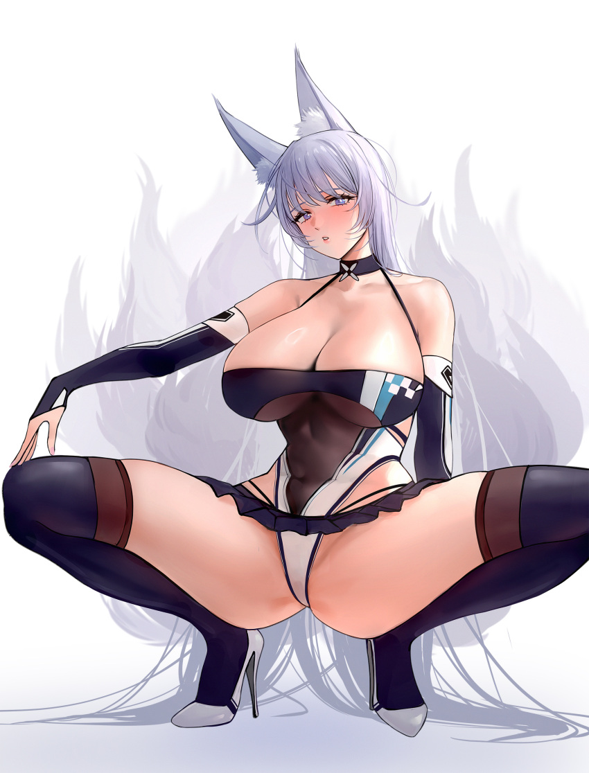 absurdres alternate_costume animal_ears arm_behind_back azur_lane bare_shoulders black_gloves blush breasts cl_(summer_sama) cleavage commission covered_navel detached_collar detached_sleeves fox_ears fox_girl fox_tail full_body gloves groin hand_on_own_knee head_tilt high_heels highres kitsune large_breasts leotard long_hair looking_at_viewer m_legs microskirt multiple_tails parted_lips pixiv_commission purple_eyes race_queen shinano_(azur_lane) shinano_(moonlit_chrome)_(azur_lane) skin_tight skindentation skirt spread_legs squatting tail upskirt very_long_hair white_hair