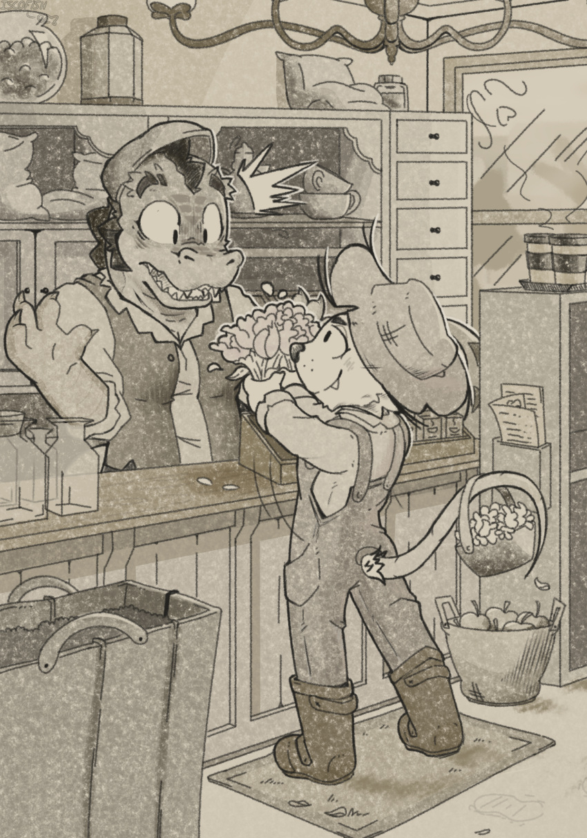 american_opossum anthro black_and_white clothed clothing crocodile crocodilian crocodylid detailed_background duo flower flustered fully_clothed hi_res inside iscofish male male/male mammal marsupial monochrome plant reptile scalie store surprise