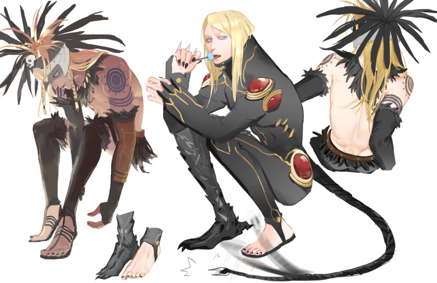 1boy absurdres arm_tattoo armor aztec black_lips black_nails blonde_hair blue_eyes braid candy collage facepaint fate/grand_order fate_(series) food full_armor full_body gloves gold_necklace hair_ornament headdress highres holding holding_candy holding_food holding_lollipop jewelry lollipop long_hair looking_at_viewer male_focus necklace shishiyijiu shoulder_tattoo simple_background skull skull_hair_ornament squatting tail tattoo tezcatlipoca_(fate) tezcatlipoca_(second_ascension)_(fate) tezcatlipoca_(third_ascension)_(fate) toeless_footwear traditional_clothes twin_braids white_background