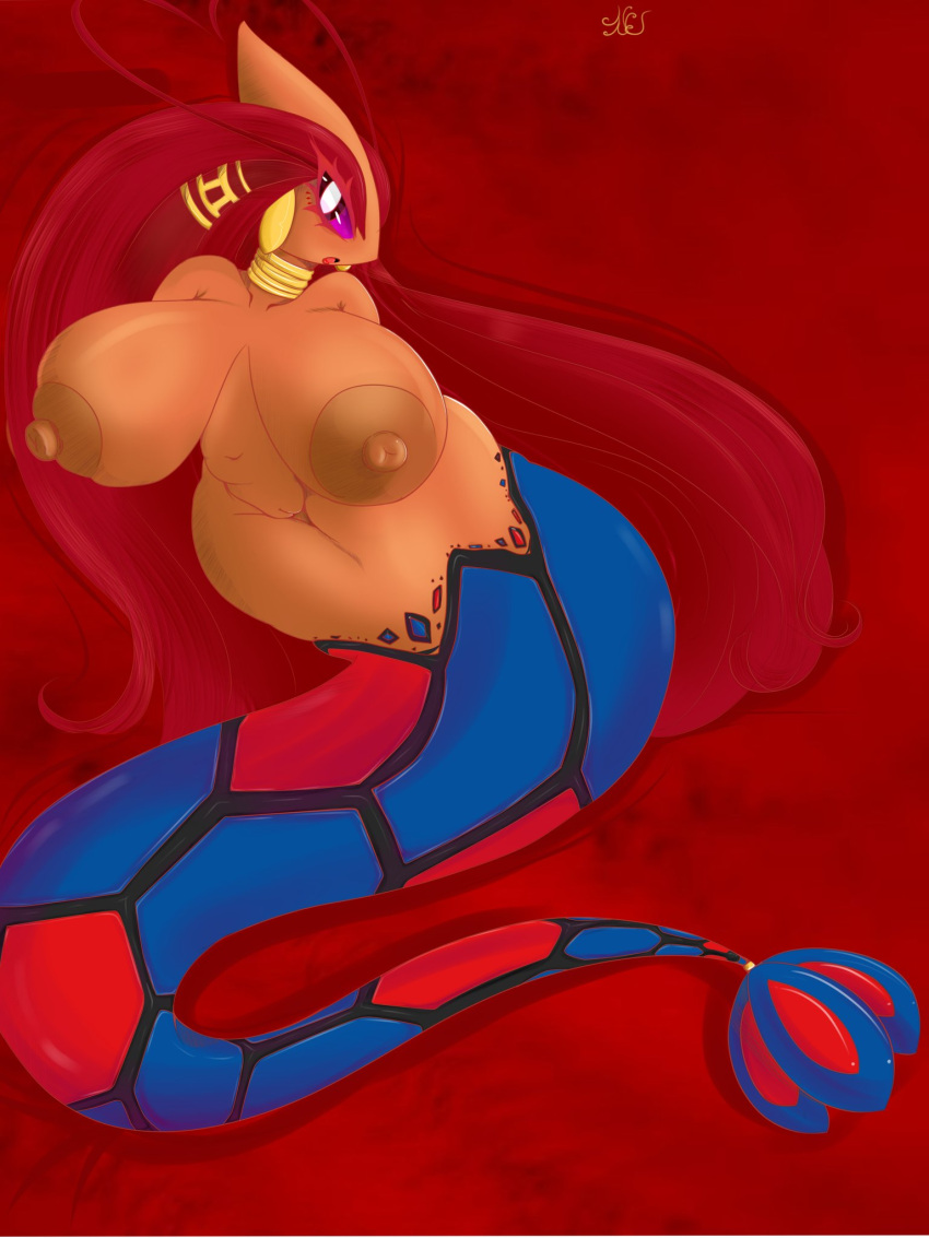2023 anthro big_breasts breasts female gem generation_3_pokemon genitals hair hi_res huge_breasts jewelry limbless lipstick long_hair looking_at_viewer makeup marine mila_(president_alexander) milotic navel nintendo nipples not_furry nude open_mouth orange_body pokemon pokemon_(species) purple_hair pussy red_background red_hair red_lipstick renv serpentine signature simple_background solo wide_hips