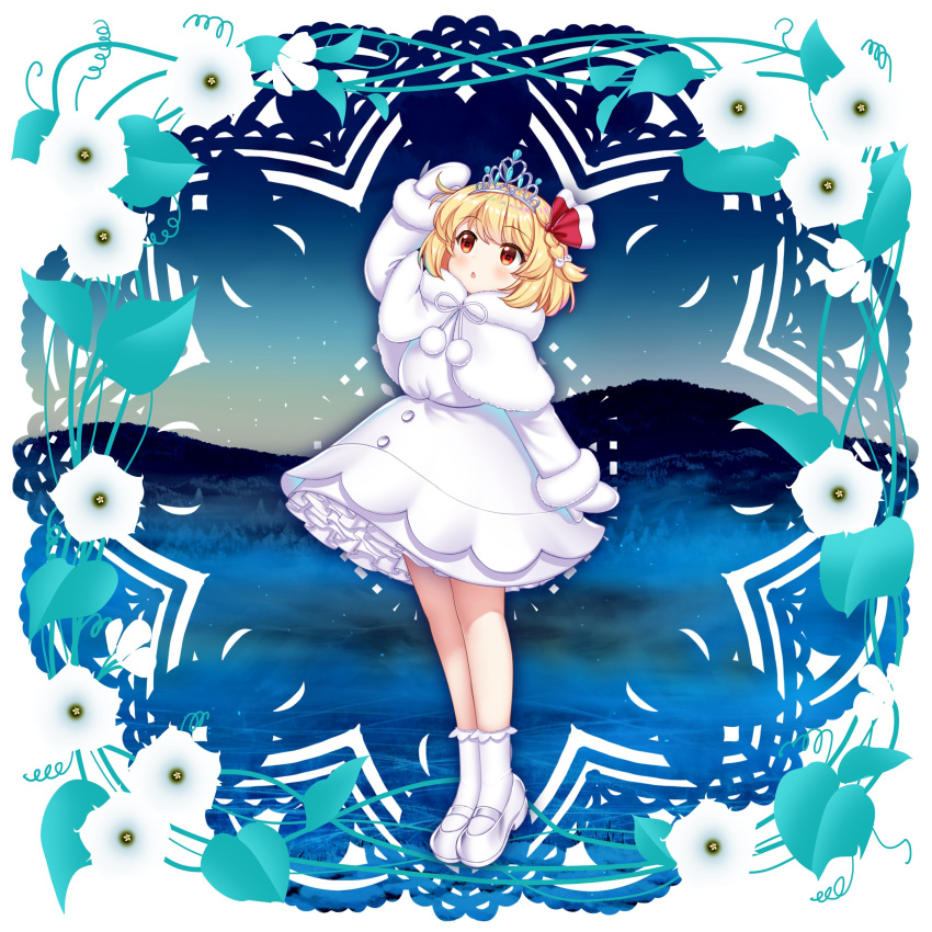 1girl absurdres alternate_costume angel's_trumpet blonde_hair capelet commentary dress english_commentary flower full_body game_cg gradient_sky grass highres looking_at_viewer mountainous_horizon outdoors petticoat red_eyes rotte_(1109) rumia rumia_(between_white_light_and_black_night) second-party_source short_hair sky socks solo star_(sky) starry_sky tiara touhou touhou_lost_word white_capelet white_dress white_flower white_footwear white_socks