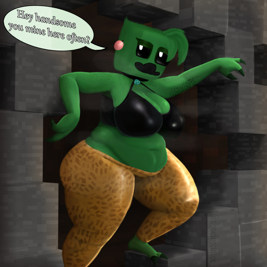 1:1 2023 absurd_res ahoeforcoffee animal_print anthro anthrofied artist_name barefoot bedroom_eyes belly big_belly big_breasts black_sclera breasts cleavage clothed clothing creeper_(minecraft) crop_top detailed_background dialogue digital_drawing_(artwork) digital_media_(artwork) ear_piercing ear_ring english_text eyelashes feet female fingers green_body green_hair green_skin hair hi_res leopard_print looking_at_viewer microsoft minecraft mojang narrowed_eyes overweight overweight_anthro overweight_female piercing ring_piercing seductive shirt short_hair skimpy solo talking_to_viewer text thick_thighs toes topwear watermark white_eyes wide_hips xbox_game_studios