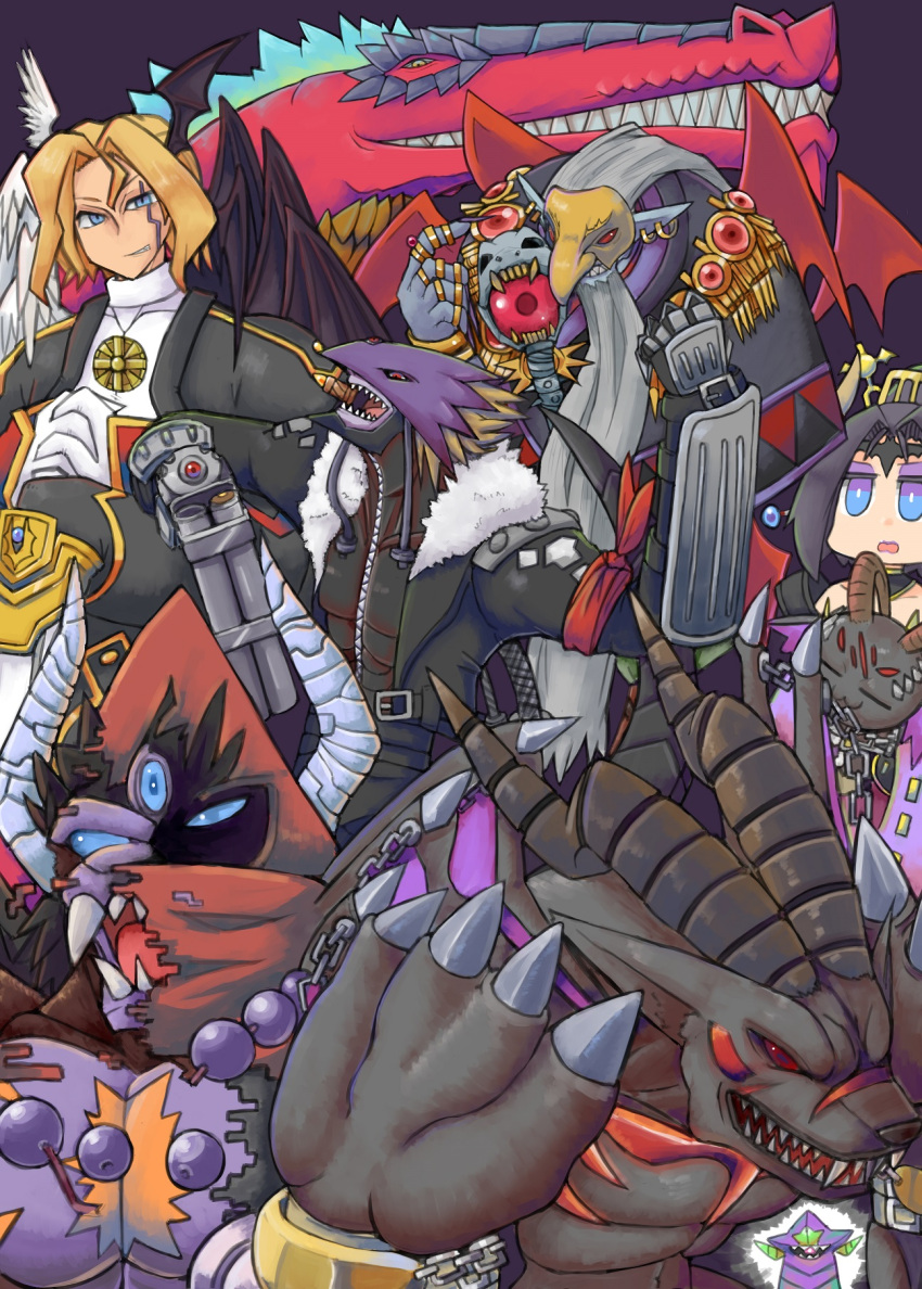 angel barbamon beelzebumon belphemon belphemon_rage_mode belphemon_sleep_mode blonde_hair blue_eyes claws demon demon_(digimon) digimon fallen_angel highres hood horns leviamon lilithmon looking_at_viewer lucemon_falldown_mode raito_(itoraito) red_eyes sharp_teeth smile teeth wings