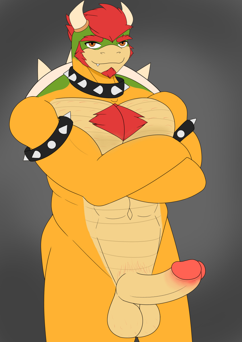 2023 3loy abs absurd_res anthro balls barazoku beard big_penis body_hair bowser bowser_day butt chest_hair collar digital_media_(artwork) erection facial_hair genitals hair hairy hi_res horn humanoid_genitalia humanoid_penis jewelry koopa looking_at_viewer male mario_bros muscular muscular_anthro muscular_male nintendo nude pecs penis pubes red_hair scalie shell smile solo spikes teeth