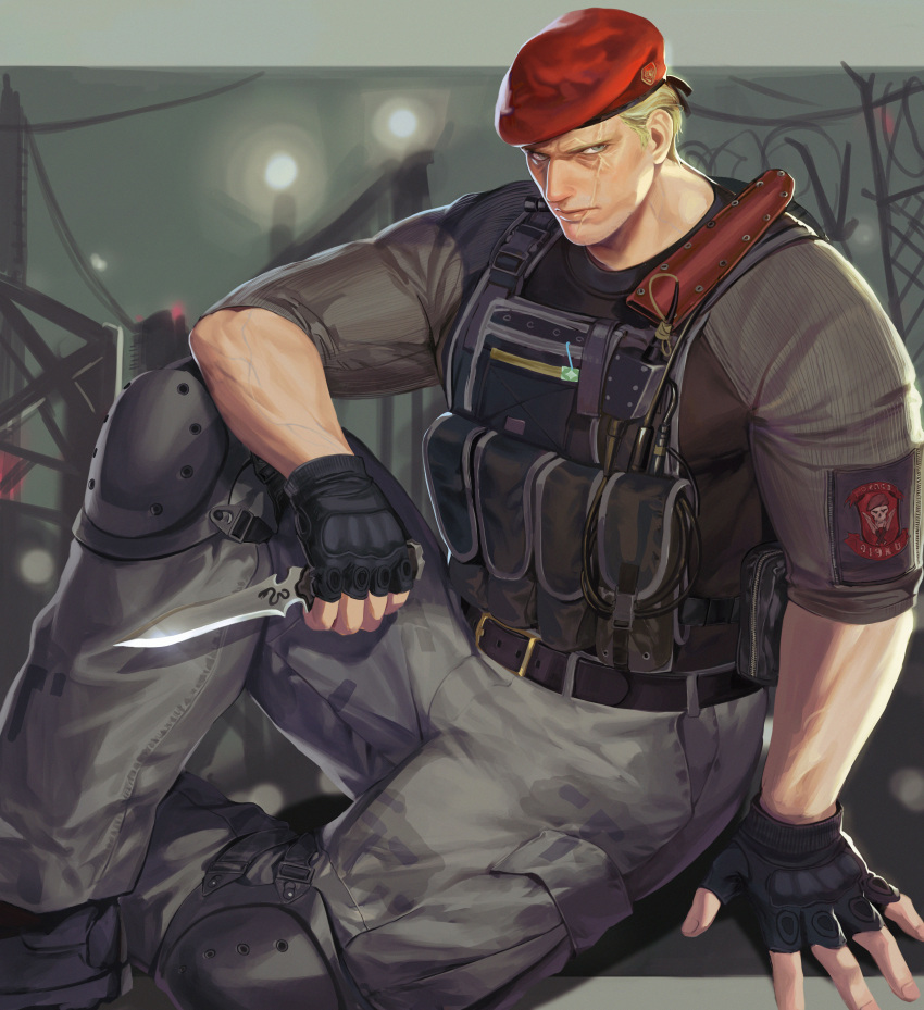 1boy absurdres bara belt beret black_belt black_gloves blonde_hair bulletproof_vest closed_mouth fingerless_gloves gloves grey_pants grey_shirt hat highres holding holding_knife holding_weapon jack_krauser knee_pads knife knife_sheath male_focus muscular muscular_male on_(isk1812) pants resident_evil resident_evil_4 resident_evil_4_(remake) scar scar_across_eye scar_on_face sheath shirt short_hair sitting solo weapon