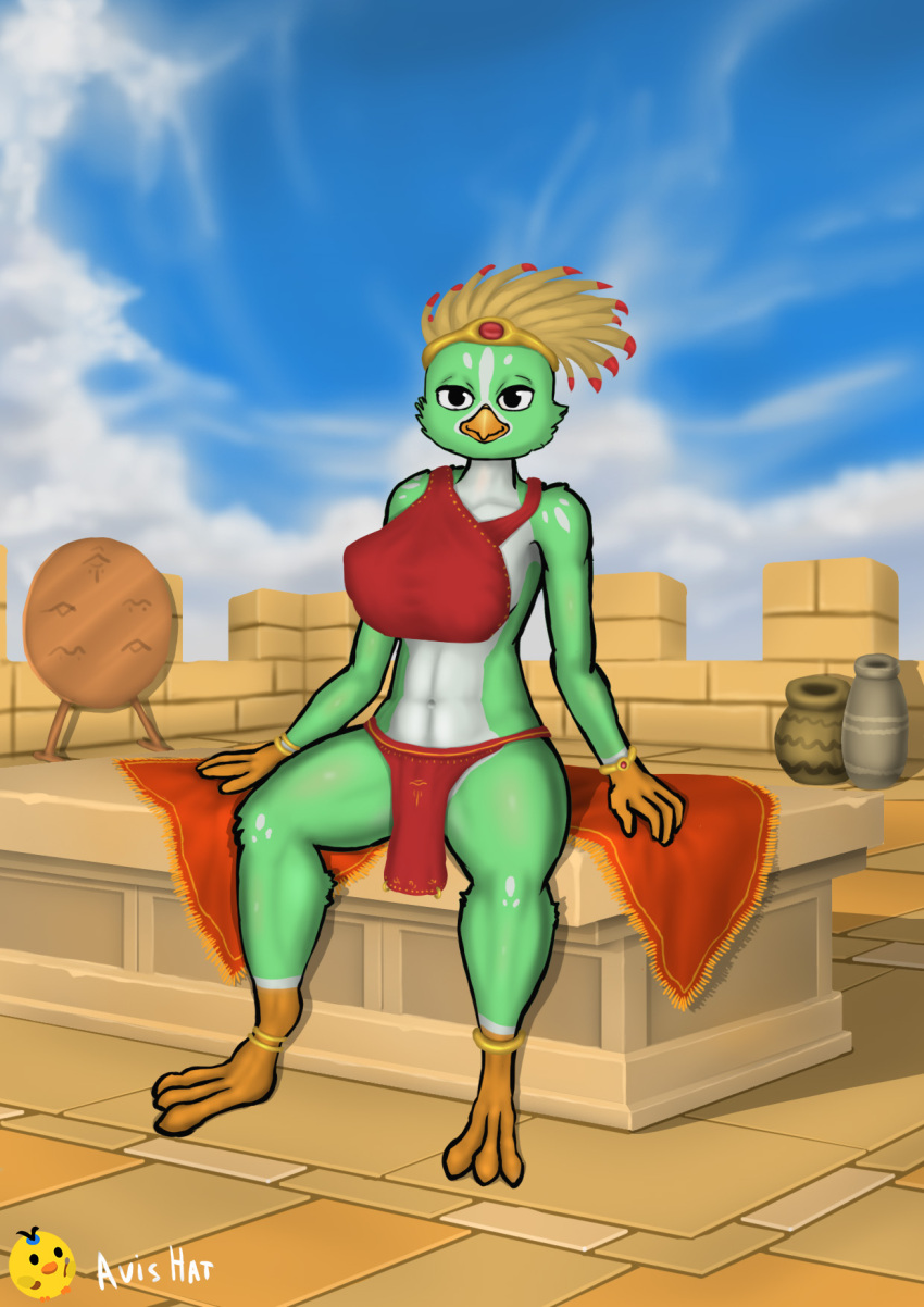 anthro avian avisheart beak belly big_breasts bird bottomwear breasts clothing detailed_background female green_body hi_res loincloth looking_at_viewer red_clothing solo solo_focus starbound white_belly