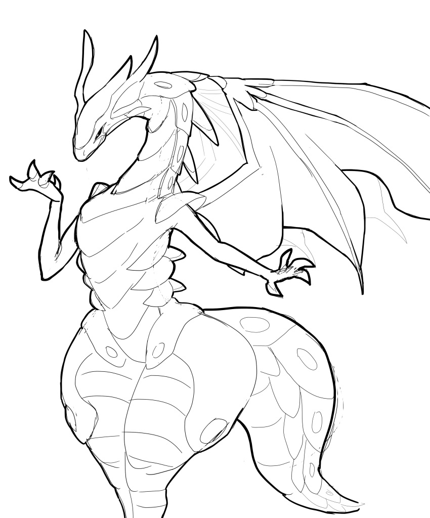 absurd_res anthro big_butt black_sclera butt dragon female feral fur hi_res monochrome scalie simple_background solo tail thick_thighs unfinished wavern wavern_(bakugan) white_background wings wuuute wyvern