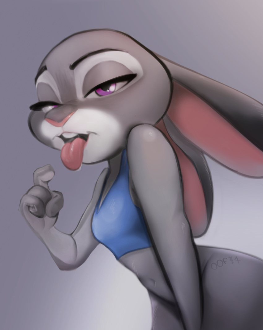 4:3 absurd_res anthro biped bodily_fluids clothed clothing disney female gesture hi_res judy_hopps lagomorph leporid looking_at_viewer lustful_gaze mammal oofwoof pointing pointing_at_self purple_eyes rabbit saliva saliva_on_tongue saliva_string shaded simple_background tongue tongue_out zootopia
