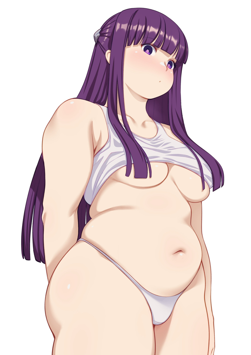 1girl absurdres arm_at_side arm_behind_back blunt_bangs blush breasts closed_mouth cloudxmoe collarbone cowboy_shot dot_mouth fern_(sousou_no_frieren) hair_over_breasts highres long_hair medium_breasts navel panties plump purple_eyes purple_hair sidelocks simple_background solo sousou_no_frieren straight_hair thick_arms thick_thighs thighs underwear white_background white_panties