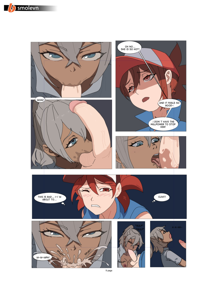 blue_eyes clothing comic duo english_text fellatio female genitals hair hat headgear headwear hi_res human human_only male mammal not_furry open_mouth oral penile penis red_hair sex smolevn text tomboy