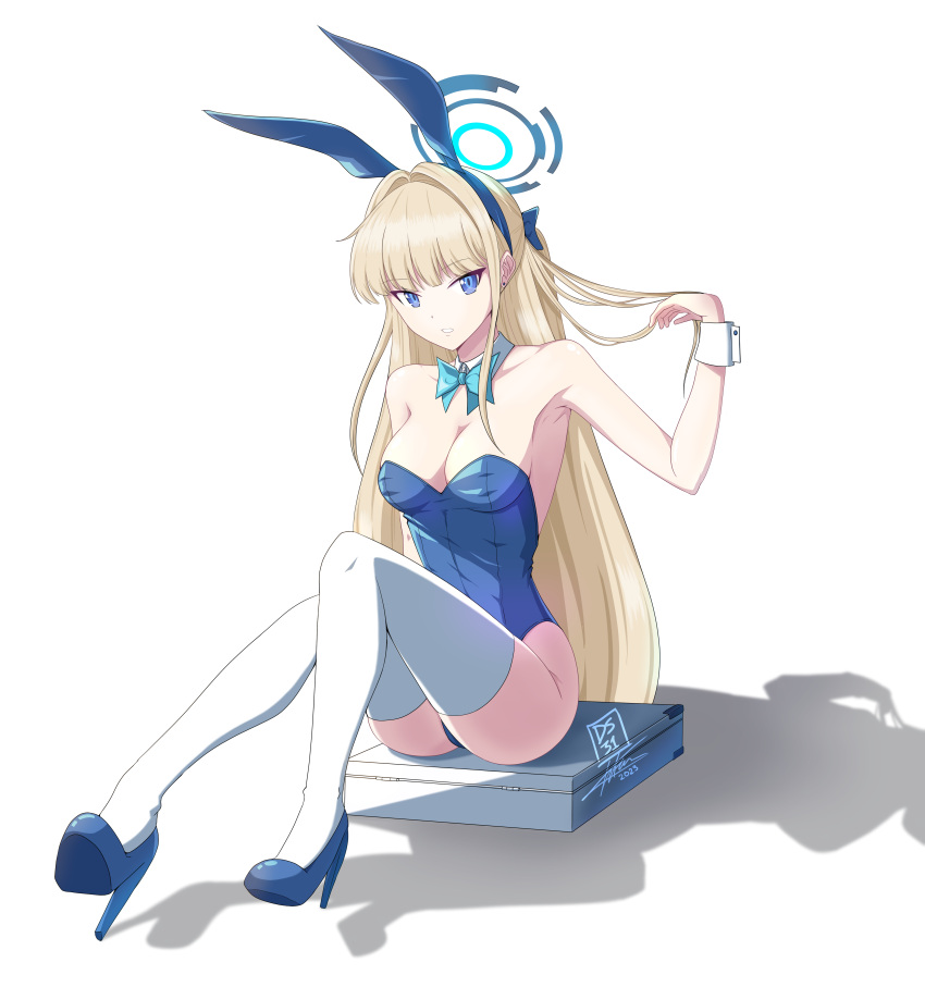 1girl absurdres animal_ears armpits ass bare_shoulders blonde_hair blue_archive blue_eyes blue_footwear blue_hairband blue_leotard bow bowtie breasts cleavage darkstar31 detached_collar fake_animal_ears hairband halo hand_up high_heels highres knees_up leotard long_hair looking_at_viewer medium_breasts official_alternate_costume playboy_bunny rabbit_ears shadow simple_background sitting solo strapless strapless_leotard suitcase thighhighs thighs toki_(blue_archive) toki_(bunny)_(blue_archive) very_long_hair white_background white_thighhighs wrist_cuffs