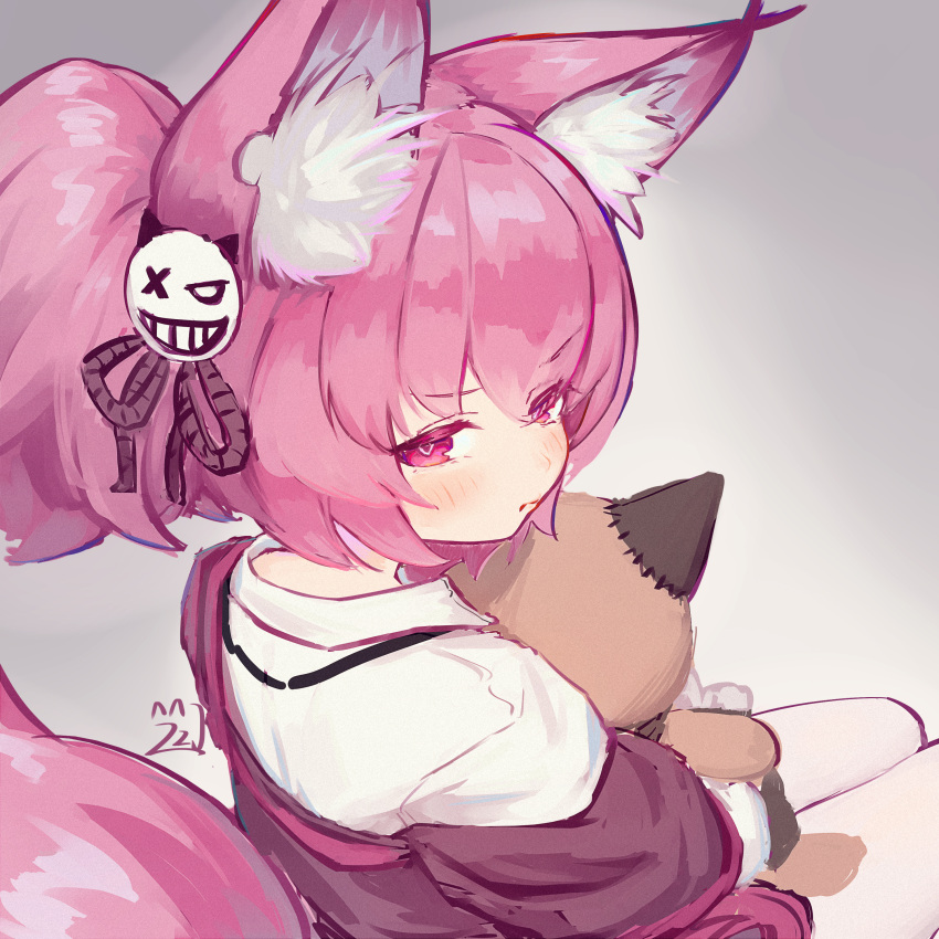 1girl absurdres animal_ear_fluff animal_ears arknights blush chack520 chinese_commentary closed_mouth commentary fox_ears fox_girl fox_tail hair_ornament highres jacket looking_at_viewer looking_back morte_(arknights) pink_eyes pink_hair pink_jacket shamare_(arknights) shirt sitting solo stuffed_wolf tail twintails white_shirt