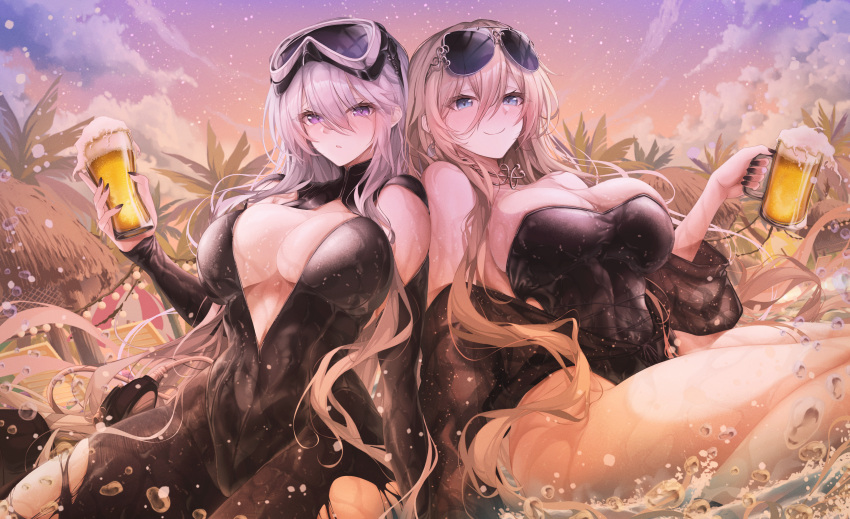 2girls absurdres alcohol armpit_cutout azur_lane beer bismarck_(azur_lane) bismarck_zwei_(azur_lane) bismarck_zwei_(crystal-clear_holiday)_(azur_lane) black_wetsuit blonde_hair blue_eyes bodysuit breasts casual_one-piece_swimsuit clothing_cutout cloud cup diving_mask diving_suit enterprise_(azur_lane) enterprise_(diving_under_blue_skies)_(azur_lane) goggles goggles_on_head grey_hair highres holding holding_cup jungle large_breasts long_hair multiple_girls nature one-piece_swimsuit open_wetsuit pantyhose pantyhose_under_swimsuit purple_eyes ru_251 scuba_gear semi-circular_eyewear sky strapless strapless_one-piece_swimsuit strapless_swimsuit swim_goggles swimsuit torn_clothes torn_pantyhose water wet wetsuit