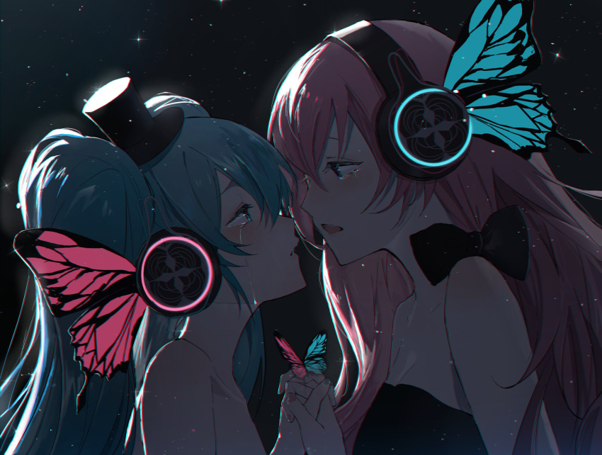 2girls aqua_eyes aqua_hair aqua_nails backlighting bare_shoulders black_bow black_dress black_headwear blue_eyes bow breasts bug butterfly butterfly_hair_ornament butterfly_wings cleavage collarbone crying crying_with_eyes_open dress eye_contact face-to-face hair_ornament hat hatsune_miku headphones highres holding_hands imminent_kiss interlocked_fingers long_hair looking_at_another magnet_(vocaloid) megurine_luka mini_hat mini_top_hat multiple_girls nail_polish night night_sky open_mouth parted_lips pink_hair pink_nails profile sky sleeveless sleeveless_dress star_(sky) starry_sky strapless strapless_dress streaming_tears tears top_hat transparent twintails upper_body vocaloid wings yuri yurun_(yurun_ume)