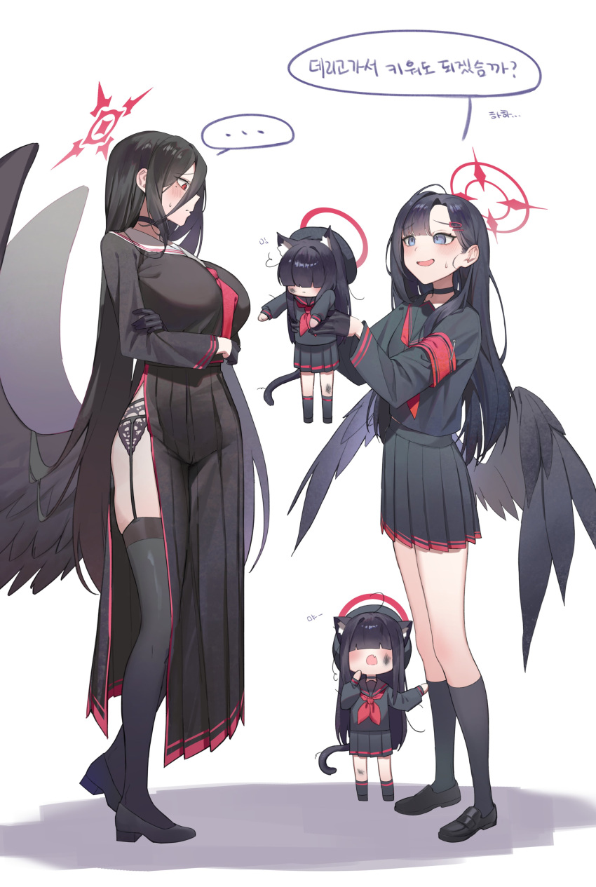 4girls absurdres animal_ears armband black_armband black_choker black_footwear black_hair black_sailor_collar black_serafuku black_shirt black_socks black_thighhighs black_wings blue_archive blue_eyes blush breasts cat_ears cat_girl cat_tail chibi choker extra feathered_wings full_body garter_belt garter_straps hair_ornament hairclip halo hasumi_(blue_archive) highres huge_breasts ichika_(blue_archive) justice_task_force_member_(blue_archive) kemonomimi_mode korean_commentary korean_text loafers long_skirt may.l multiple_girls neckerchief pleated_skirt red_armband red_eyes red_halo red_neckerchief sailor_collar school_uniform serafuku shirt shoes side_slit skirt small_breasts socks speech_bubble standing sweatdrop tail thighhighs wings