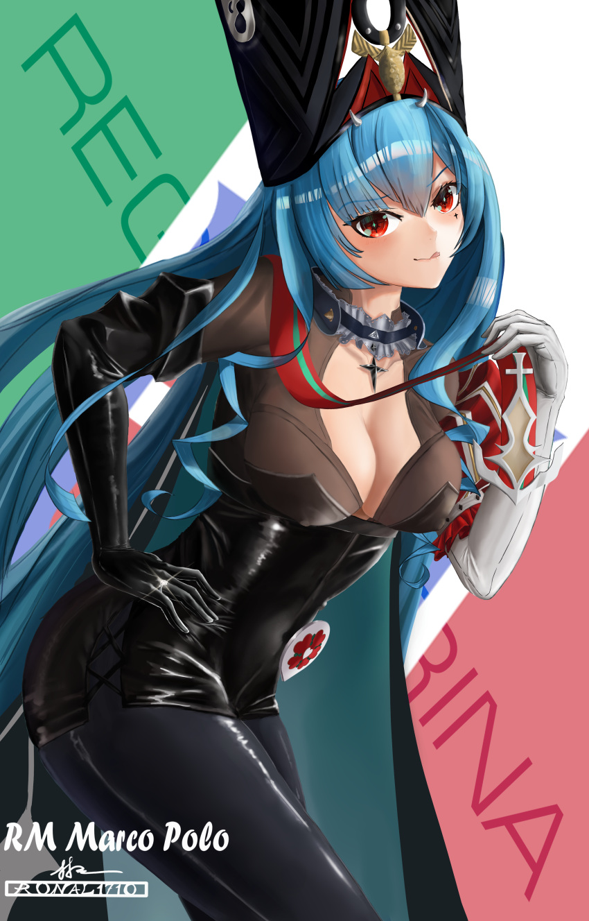 1girl absurdres artist_name asymmetrical_gloves azur_lane black_dress black_gloves black_headwear black_pants blue_hair breasts character_name choker cleavage cowboy_shot cross cross_necklace dress english_text frilled_choker frills from_side gloves hair_between_eyes hand_on_own_hip highres italian_flag italian_text jewelry latex leaning_forward long_hair looking_at_viewer marco_polo_(azur_lane) medium_breasts microdress mismatched_gloves necklace pants red_eyes ronal_1710 solo very_long_hair white_gloves