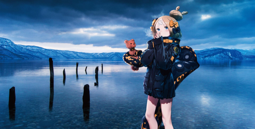 1girl abigail_williams_(fate) abigail_williams_(traveling_outfit)_(fate) aomori_prefecture bandaid bandaid_on_face bandaid_on_forehead black_bow black_jacket blonde_hair blue_eyes blush bow breath cloud crossed_bandaids fate/grand_order fate_(series) feet_out_of_frame hair_bow hair_bun highres jacket kuroboshi_kouhaku lake long_hair multiple_hair_bows official_art orange_bow outdoors overcast own_hands_together parted_bangs photo_background polka_dot polka_dot_bow single_hair_bun sky sleeves_past_wrists solo stuffed_animal stuffed_toy suction_cups teddy_bear tentacles water