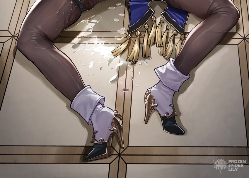 1girl after_sex ankle_boots artist_logo black_pantyhose boots clorinde_(genshin_impact) cum excessive_pussy_juice frozen_spider_lily genshin_impact high_heels legs lower_body lying on_back on_floor pantyhose solo spread_legs thigh_strap white_footwear