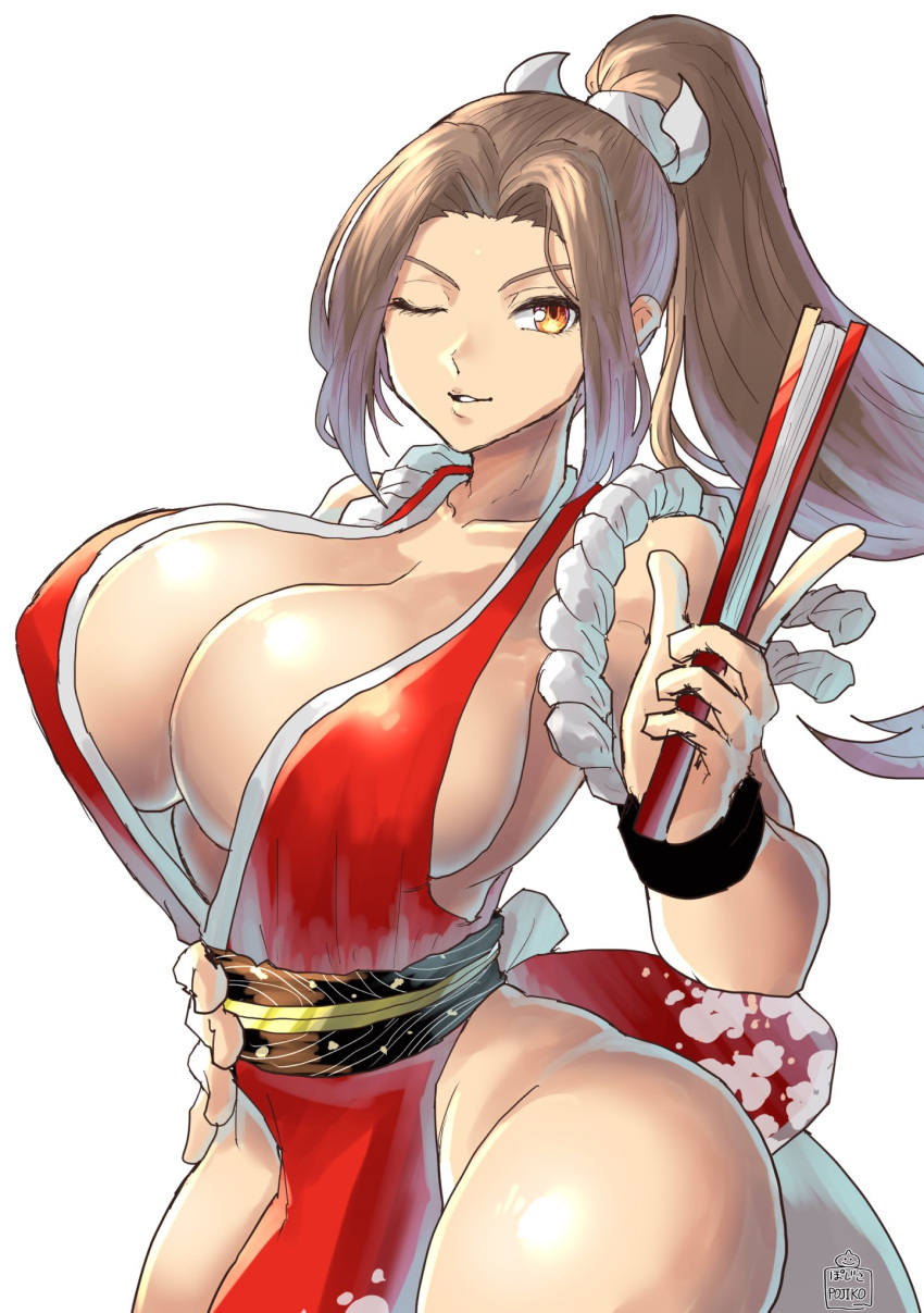 1girl breasts brown_hair chikoinochi hand_fan hand_on_own_hip highres huge_breasts looking_at_viewer one_eye_closed shiranui_mai simple_background solo the_king_of_fighters thighs