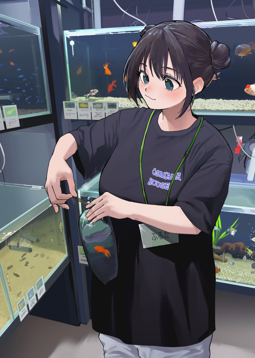 1girl absurdres aquarium blue_eyes clothes_writing double_bun employee_uniform english_text fish fish_tank fluorescent_lamp hair_bun highres indoors lanyard mmmo3 original shelf shirt short_hair store_clerk t-shirt tropical_fish uniform