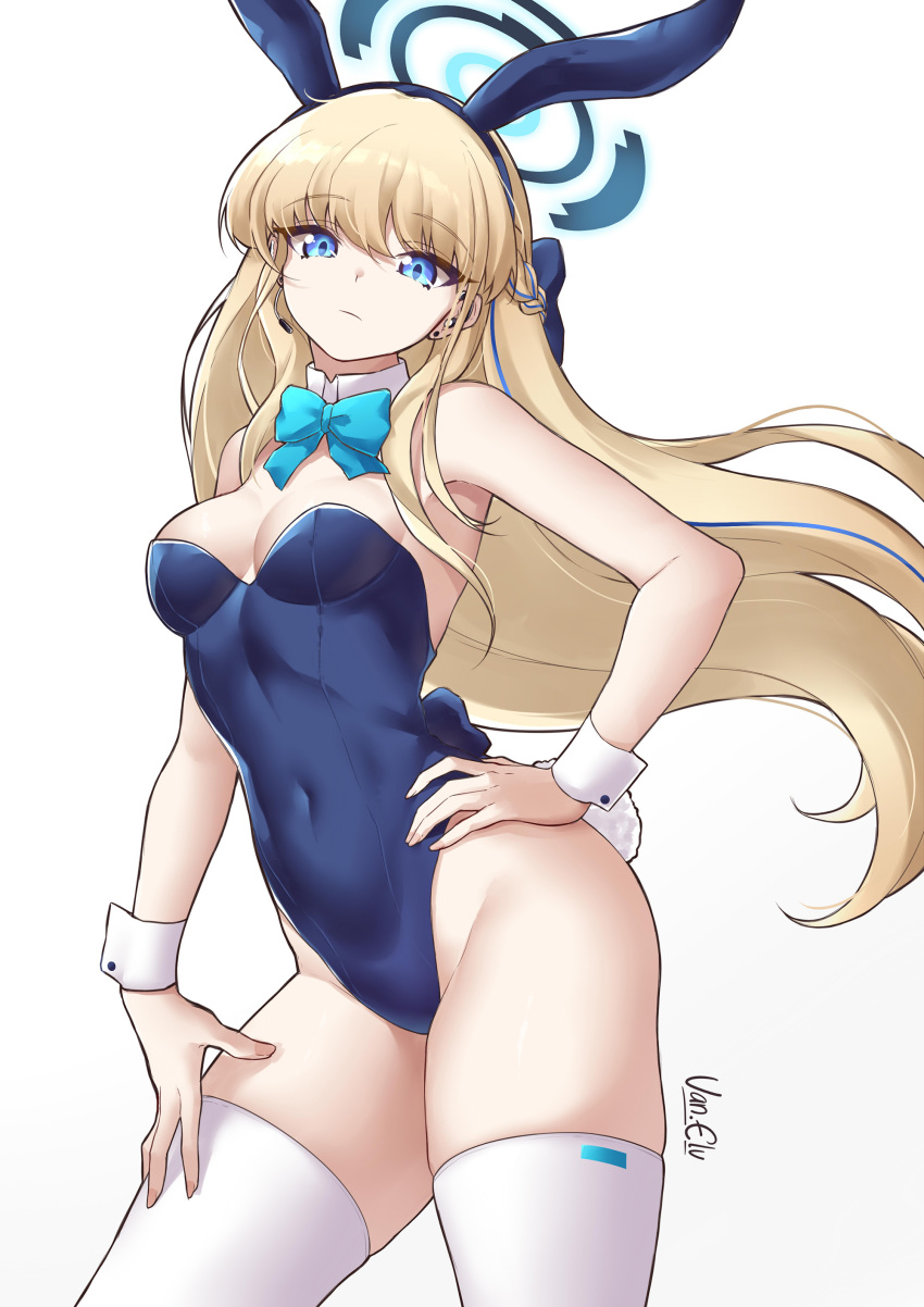 1girl absurdres animal_ears aqua_bow aqua_bowtie blonde_hair blue_archive blue_eyes blue_leotard bow bowtie breasts cowboy_shot detached_collar hand_on_own_hip highres leotard long_hair playboy_bunny rabbit_ears rabbit_tail simple_background small_breasts solo strapless strapless_leotard tail thighhighs toki_(blue_archive) toki_(bunny)_(blue_archive) van.elv white_background white_thighhighs wrist_cuffs