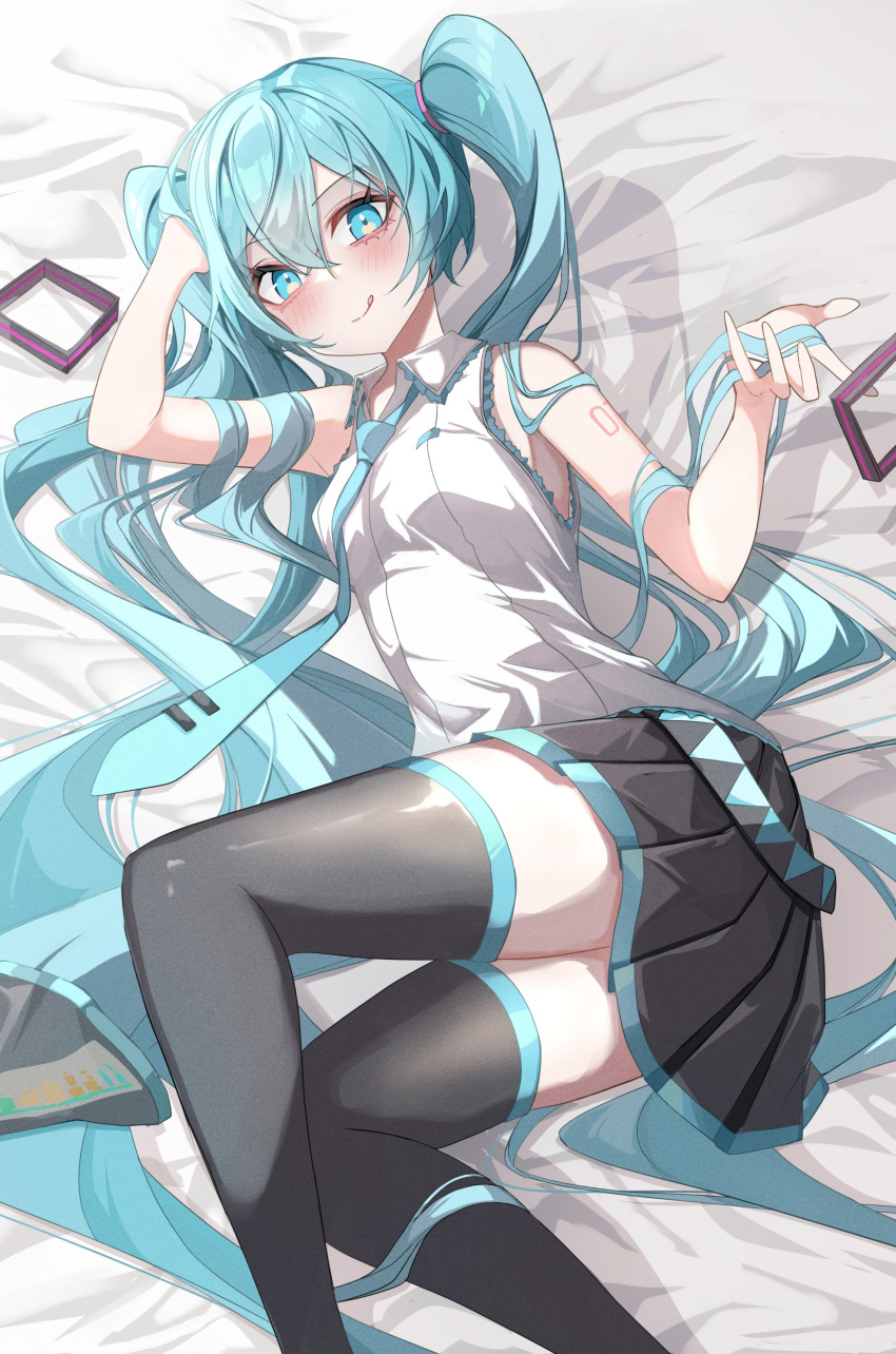 1girl :q absurdres aqua_eyes aqua_hair aqua_necktie arm_support bare_arms bare_shoulders black_skirt black_sleeves black_thighhighs blush come_hither commentary detached_sleeves detached_sleeves_removed feet_out_of_frame hair_ornament hair_ornament_removed hatsune_miku head_on_hand head_rest highres holding holding_hair holding_own_hair kawasuru_(15miclon) long_hair looking_at_viewer lying miniskirt necktie on_bed on_side pleated_skirt shirt shoulder_tattoo skirt sleeveless sleeveless_shirt solo tattoo thighhighs tongue tongue_out twintails very_long_hair vocaloid white_shirt zettai_ryouiki