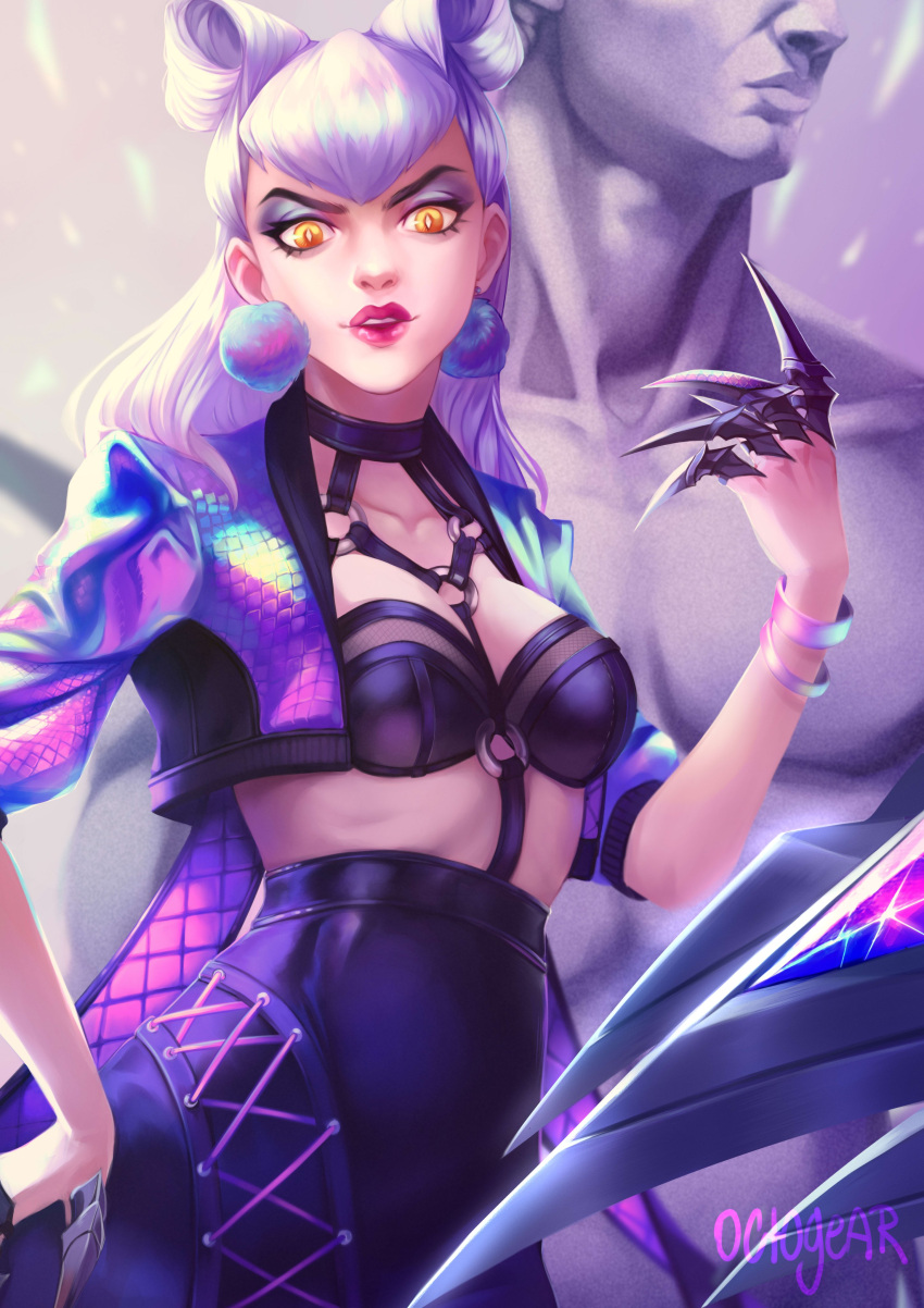 1girl absurdres artist_name asymmetrical_bangs between_breasts black_choker black_skirt bracelet breasts choker claw_(weapon) cone_hair_bun cowboy_shot cropped_jacket demon demon_girl drop_earrings earrings evelynn_(league_of_legends) eyeshadow hair_bun hands_up highres jacket jewelry league_of_legends long_hair looking_at_viewer makeup medium_breasts o-ring octogear open_clothes open_jacket parted_lips pink_lips purple_eyeshadow purple_jacket revealing_clothes skirt slit_pupils solo statue strap_between_breasts the_baddest_evelynn weapon white_hair yellow_eyes