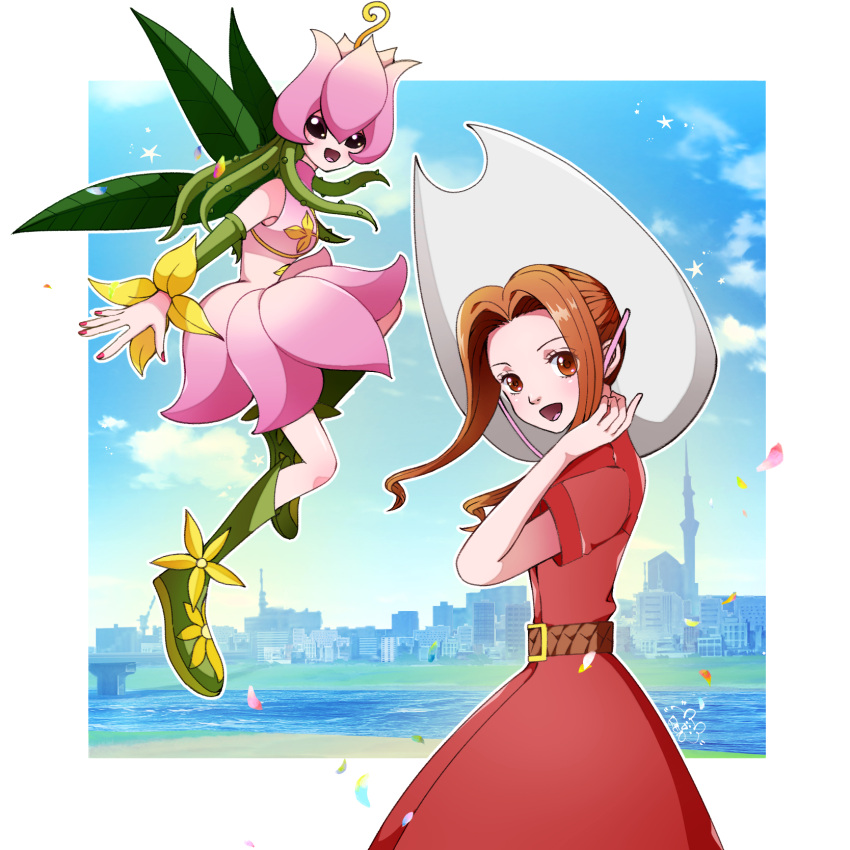 2girls blue_sky boots brown_eyes brown_hair day detached_sleeves digimon digimon_(creature) dress green_footwear green_sleeves hachimitsuren hair_vines hat highres knee_boots leaf_wings lilimon long_hair monster_girl multiple_girls open_mouth outdoors pink_dress plant_girl red_dress short_sleeves sky tachikawa_mimi thorns white_headwear