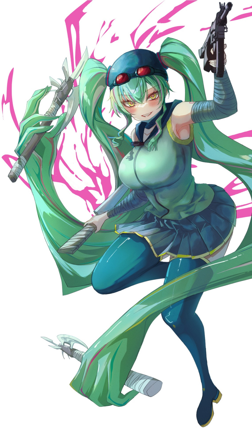 1girl absurdly_long_hair alternate_costume arm_up armpits blue_sailor_collar blue_skirt blush boots breasts club_(weapon) commission eyewear_on_head full_body goggles green_hair green_shirt green_thighhighs grin gun hair_between_eyes hatsune_miku highres holding holding_gun holding_weapon kawasuru_(15miclon) large_breasts leg_up long_hair miniskirt open_mouth orange_eyes pixiv_commission pleated_skirt pp-2000 raised_eyebrows red-tinted_eyewear sailor_collar shirt sidelocks simple_background skirt sleeveless sleeveless_shirt smile solo submachine_gun teeth thigh_boots thighhighs tinted_eyewear twintails very_long_hair vocaloid weapon white_background