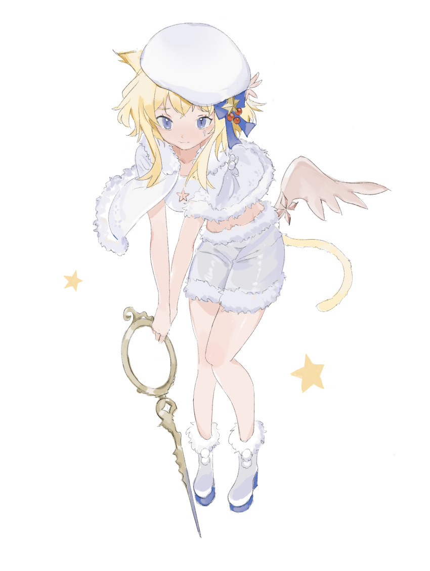 1girl animal_ears arcaea blonde_hair blue_bow blue_eyes boots bow breasts capelet cat_ears cat_girl cat_tail cleavage cleavage_cutout closed_mouth clothing_cutout commentary_request eto_(arcaea) facial_mark fur-trimmed_boots fur-trimmed_capelet fur-trimmed_shorts fur_trim hair_bow highres holding low_wings reset shirt short_hair_with_long_locks shorts simple_background slit_pupils solo star_(symbol) star_cutout star_facial_mark tail white_background white_capelet white_footwear white_headwear white_shirt white_shorts wings