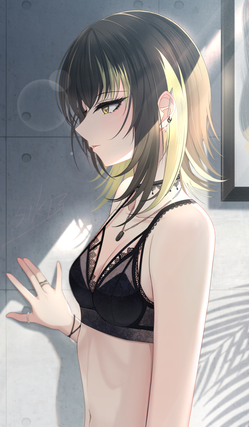 1girl absurdres black_bra black_choker black_hair blonde_hair bra breasts choker cleavage commentary_request ear_piercing earrings glint highres idolmaster idolmaster_shiny_colors ikaruga_luca indoors jewelry lace-trimmed_bra lace-trimmed_choker lace_trim lens_flare looking_ahead multicolored_hair navel partial_commentary picture_frame piercing ring shadow signature sikimosh small_breasts solo stomach streaked_hair tears underwear upper_body
