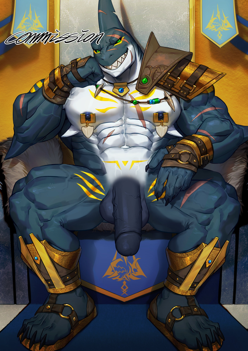 2022 abs absurd_res anthro arm_scar armor balls banner biceps black_sclera blue_body blue_carpet blue_nipples blue_penis blue_scales chair chest_markings chest_scar claws clothing dylan_(alvintanubis) facial_scar finger_claws fish footwear furniture genitals gold_(metal) gold_armor green_eyes hi_res jewelry leg_markings leg_scar li_geduld male marine markings muscular muscular_anthro muscular_male muscular_thighs navel necklace nipple_piercing nipples obliques pecs penis piercing sandals scales scar shark shin_guards shoulder_guards solo thigh_markings thigh_scar throne throne_room toe_claws vein veiny_penis white_body white_scales wrist_guards yellow_markings yellow_wall