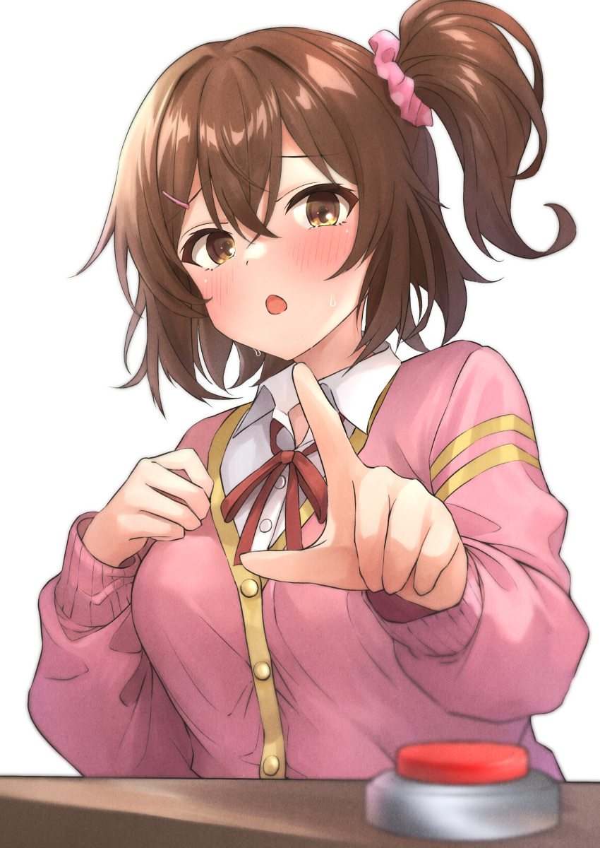 1girl absurdres b1ack_illust blush breasts brown_hair cardigan hair_ornament hair_scrunchie highres idolmaster idolmaster_million_live! kasuga_mirai long_sleeves looking_at_object medium_breasts neck_ribbon one_side_up pink_cardigan red_ribbon ribbon school_uniform scrunchie shirt simple_background solo sweatdrop switch upper_body white_background white_shirt